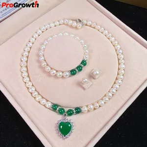 Natural Freshwater Pearl Necklace Green Jade Marrow Pendant White Beads Bracelet Fashion Jewelry Stud Earrings Jewelry Set