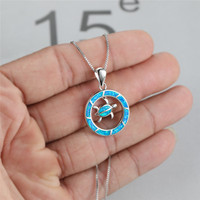 Serie del océano Animal tortuga collar círculo colgante collar Color plata Fuego Azul ópalo moda boda joyería