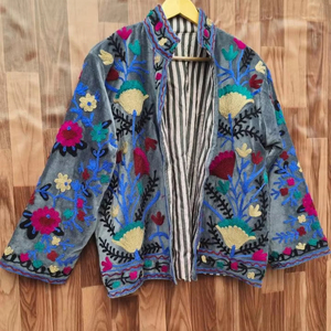 Handmade Suzani Velvet Jacket | Boho Floral Embroidered <b>Coat</b> - Product Image 1