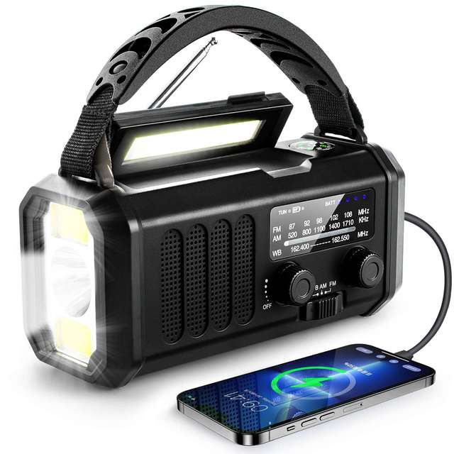 Portable Emergency Radio with Hand Crank & Solar Flashlight USB Type-C Charging Weather Alert SOS Alarm Flashlight Phone Charger