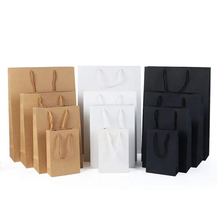Sacchetto di carta per la spesa di vestiti artigianali regalo Kraft bianco marrone nero stampato personalizzato con manici con Logo stampato personalizzato