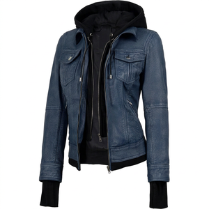 Chaqueta de Motociclista de Cuero Genuino de Piel de Cabra con Capucha para Mujer, Azul Sólido, con Cremallera, Abrigo de Motociclista, Proveedor Mayorista Otoño 2026 - Product Image 1