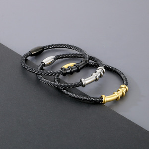 Pulsera de hebilla magnética de acero inoxidable que combina con todo para hombre, brazalete de moda de cuerda de cuero de bambú tejido AliExpress transfronterizo - Product Image 2