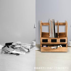 Wooden <b>File</b> Organizer With Blackboard Desktop <b>Storage</b> Rack Multi Compartment Solid Wood Document Management Office Organizer - Product Image 4