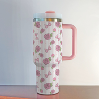 Gobelet isotherme pour voiture 40oz en acier inoxydable, rose à petites fleurs, avec poignée et paille, design moderne et minimaliste, idéal comme gobelet cadeau, pour le marché international