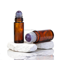 Botol Roller Kaca Amber Silinder 30ml 50ml dengan Batu Permata Kuarsa Pink Alami dan Tutup Emas - Perlindungan UV Aromaterapi Mewah
