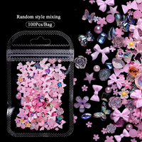 Strass 3D en résine rose pour ongles, dos plat, motifs dessin animé, nœud, ours, fleur, décorations scintillantes, 100 pièces, emballage en boîte quadrillée