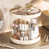 Organizador de Maquillaje Giratorio 360° Blanco Crema, Moderno y Minimalista, Soporte Transparente de Plástico para Cosméticos, Estante para Brochas y Lápices Labiales, a Prueba de Polvo
