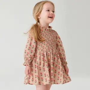 High-End-Kinder kleidung benutzer definierte Mädchen handgemachte Smocked Prinzessin Kleid gedruckt Kinder Kleid kleine Charge OEM-Produktion
