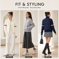Blouson bomber hybride pour femme, corps matelassé, manches en tricot côtelé, col montant à rayures contrastées, fermeture éclair sur le devant, fournisseur de mode OEM ODM