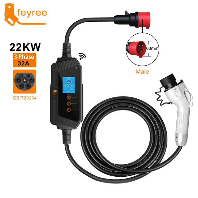 feyree GBT 22kW AC EV Charger 32A Portable EV Charger 2.8 Inch Smart Screen with WiFi APP Remote Control Car Battery Charger