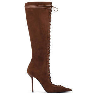 Lace up Leopard Print Botas De Thin <b>Heel</b> Suede Leather Women's Boots - Product Image 6