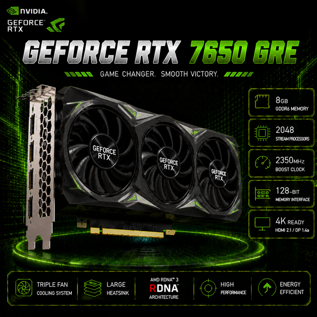 Used for Radeon RX 7650 GRE 8GB GDDR6 256Bit RDNA 3 Dual Fan OC 1080P 2K High Performance Desktop Gaming Graphics Card