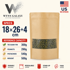 Sachet Doypack Kraft avec fenêtre et fermeture éclair refermable, 18x26+4cm, pour thé, café, noix, aliments, personnalisable OEM, en stock aux États-Unis, expédition immédiate - Product Image 6