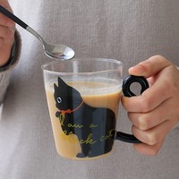 Mug en verre borosilicate résistant à la chaleur, à thème chat, avec poignée, idéal pour le lait et le petit-déjeuner ; avec un motif imprimé.