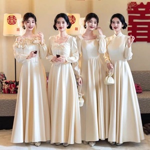 Bridesmaid Dresses Long Sleeve Satin Sweetheart Neckline Natural Waist Daily Wear Simple Style 2025 Autumn Winter - Product Image 1