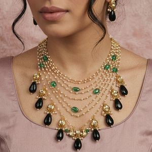 สร้อยคอประดับมุกสีเขียวและลูกปัดแบบ Kundan – เครื่องประดับงานแต่งงานเคลือบทองแบบราชวงศ์ ผลิตภัณฑ์งานฝีมือขายส่ง - Product Image 1