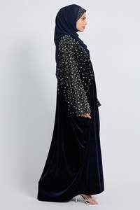 Vestido árabe musulmán modesto con capa abierta para mujer, de terciopelo elegante y lujoso, personalizado por LEDUO, ideal para Eid. - Product Image 3