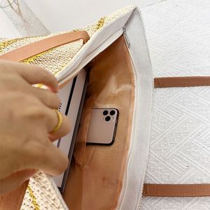 Sac fourre-tout de luxe rayé doré, grande capacité, en paille, pour l'été, les voyages en extérieur et la plage - Product Image 6