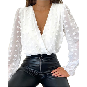 Blusa de Mujer Blanca de Gasa con Cuello en V, Manga Larga Abullonada y Pompones, Estilo Bohemio, Top de Primavera/Verano - Product Image 4