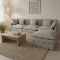 Canapé modulaire carré moderne à trois places en tissu sans microfibre, avec assise profonde rembourrée en mousse, fonction de rangement et pieds en bois
