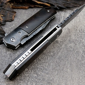 มีดพับเหล็กดามัสกัส HK ปรับแต่งได้ ด้ามไม้มะเกลือ ขายดี EDC สำหรับกิจกรรมกลางแจ้ง ตั้งแคมป์ เดินป่า รองรับ OEM DIY ขนาด 18.5 ซม. รับประกัน 1 ปี - Product Image 2