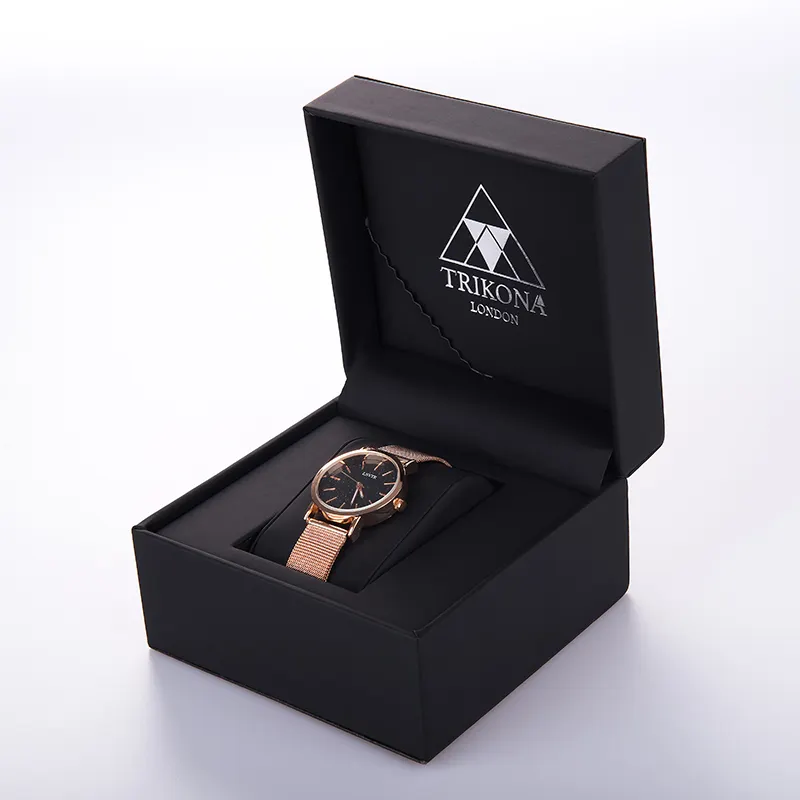 Brand News Custom Gold Foil Logo Black Leather Paper Gift Packaging Single Watch Box