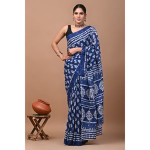 Sari de Algodón Mulmul Estampado con Blusa a Juego, Sari de Algodón Mulmul Ligero y Elegante - Cómodo para Uso Diario - Product Image 5
