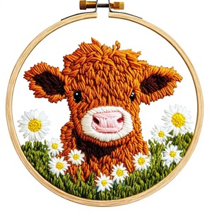Kit de broderie au poinçon DIY pour débutants, motif vache des Highlands et fleur marguerite, avec cerceau et fil à broder, outil enfile-fil spécialisé - Product Image 1