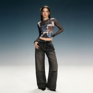 Pantalones vaqueros <span class=keywords><strong>de</strong></span> mezclilla <span class=keywords><strong>de</strong></span> mujer al por mayor, casuales, lavados, desgastados, con estampado <span class=keywords><strong>de</strong></span> alas degradado, remachados, vintage, <span class=keywords><strong>de</strong></span> cintura alta, holgados y <span class=keywords><strong>de</strong></span> pierna <span class=keywords><strong>ancha</strong></span> - Product Image 4