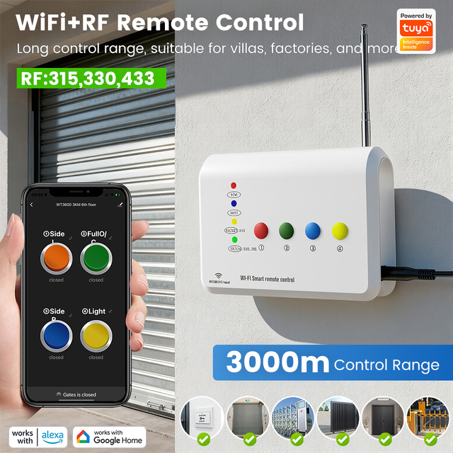 Tuya Smart WiFi RF Remote 315/330/433MHz 3000M Long Range Gate Opener for Double Sliding Garage Doors Barrier Alexa Google Home
