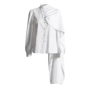 OUDINA New Design Woman Shirt Top Blouse Ladies Elegant Single-breasted Scarf Style Long-sleeved Women's Shirt