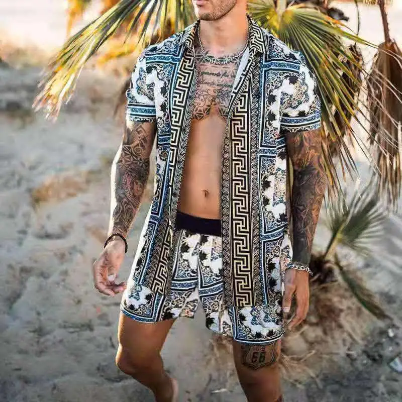 JSNM03 горячие продажи Внешняя торговля новый летний костюм рубашки с цифровым принтом мужской свободный пляжный костюм с шортами