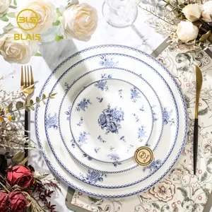 Nordic blue and white floral ceramic plates sets dinnerware for restaurant wedding, High quality porcelain ware wholesale