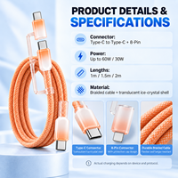 Câble de charge rapide USB-C détachable 2-en-1 multicolore 60W en nylon tressé effet cristal de glace pour téléphones mobiles – Vente en gros et e-commerce