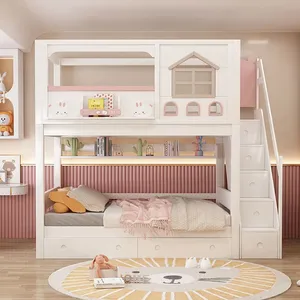 <span class=keywords><strong>Lit</strong></span> superposé moderne JS en bois massif rose pour enfant avec toboggan, escalier, armoire avec rangement et double tiroir pour usage domestique et hôtelier - Product Image 4