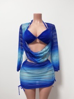 Q2530 - Maillot de bain femme 2026 - Ensemble 4 pièces sexy avec robe de plage à manches longues en mousseline de soie et maille, imprimé tie-dye dégradé
