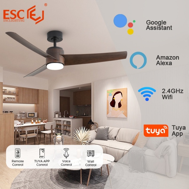 Smart Control Ceiling Fan Remote Living Room Tuya Wifi 52 Inch 3 Blades Led Ceiling Fans with Light