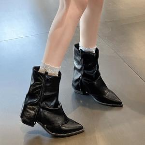 Botines Negros de Tacón Grueso con Punta en Pico Estilo Británico para Mujer, Versátiles, que Aumentan la Estatura, Estilizan la Figura, Botines de Calle - Product Image 3