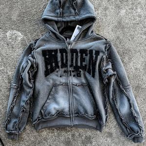 Felpa da uomo Oversize Casual con <span class=keywords><strong>cappuccio</strong></span> con cerniera ricamata e Hot Drill Patch Logo personalizzato iniezione alla moda bocca allentata - Product Image 4