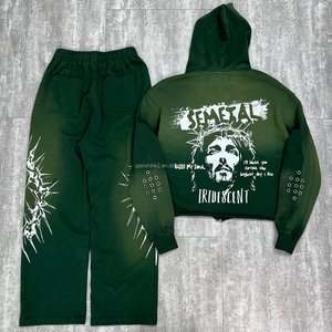 Conjunto Deportivo Unisex Holgado con Estampado, Sudadera con Capucha y Cremallera con Pedrería, Pantalones Deportivos, Conjunto Deportivo Grueso con Lavado Ácido para Hombre - Product Image 4