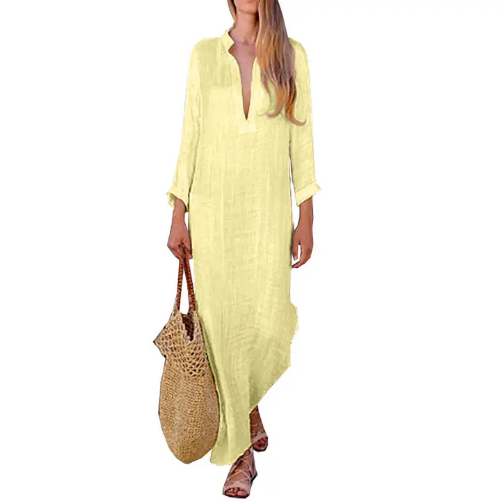 2022 Clothing summer Long Sleeve Beach Bohemian Dresses Ladies V Neck pure color women Maxi Casual Boho Dress