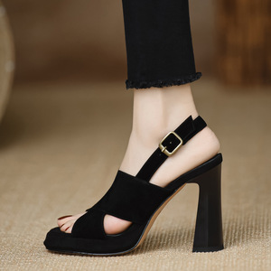 Summer New High Heels Leather Waterproof Platform Sandals Open Toe Black - Product Image 2