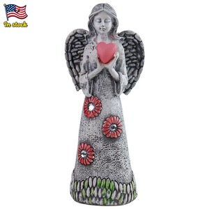 Estatua <span class=keywords><strong>de</strong></span> ángel con energía solar con corona <span class=keywords><strong>de</strong></span> flores y luz <span class=keywords><strong>de</strong></span> corazón, Ángel <span class=keywords><strong>de</strong></span> resina que sostiene <span class=keywords><strong>un</strong></span> corazón iluminado para patio o patio - Product Image 2