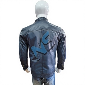Custom OEM Men's Slate Blue Genuine Leather Biker Jacket <b>Stand</b> Collar Zipper <b>Slim</b> Fit Front Logo Winter Motorcycle <b>Coat</b> - Product Image 2
