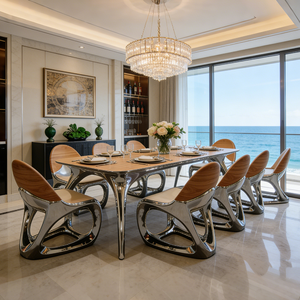 Set di Sedie e <span class=keywords><strong>Tavolo</strong></span> da Pranzo Moderno e Lussuoso in Fibra di Vetro, Sedie con Piano in Vetro Dorato Rotondo o Rettangolare per Matrimoni ed Eventi - Product Image 3