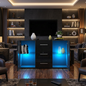Buffet moderne noir brillant avec éclairage LED, 3 tiroirs, meuble de rangement pour salon, credenza - Product Image 2