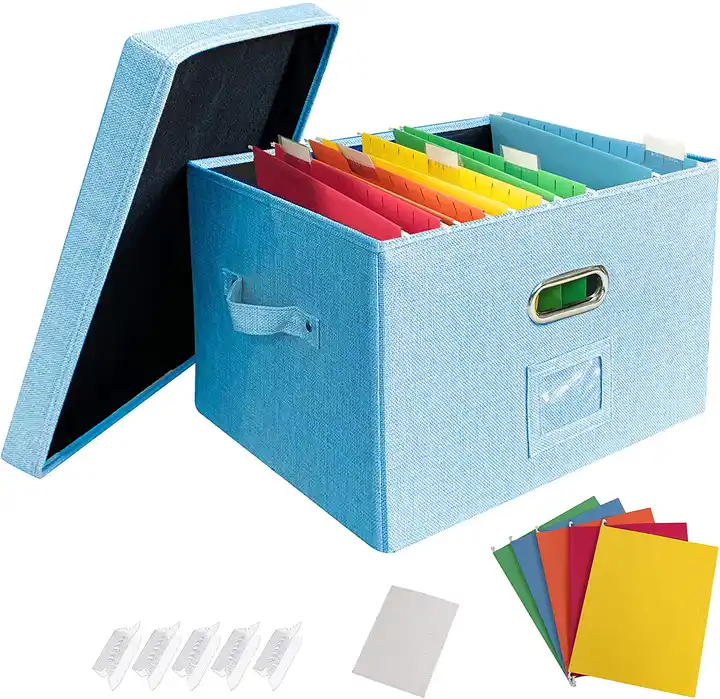 File Organizer Box Office Document Storage with 5 Hanging Filing Folders,  Collapsible Linen Storage Box with Lids, Home Portable Storage with Handle,  Letter Size Legal Folder school supplies 