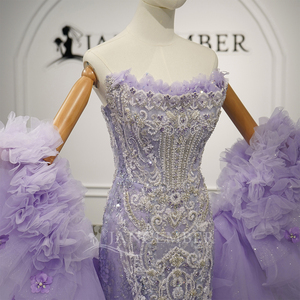 GT26068 Robe de Quinceañera de luxe moderne, couleur lavande, à manches longues, coupe sirène, style robe de bal, avec décolleté cœur, traîne chapelle et dentelle perlée - Product Image 2