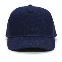 Casquettes de camionneur en maille denim bleu marine 5 panneaux à prix réduit Casquette de camionneur ajustable cinq panneaux unie